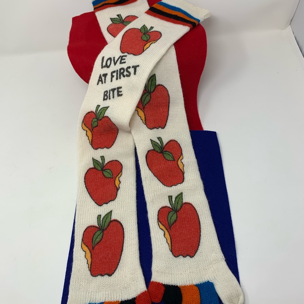 Love At First Bite Over the Knee Apple Print Socks - Cream w/Multi Coloured Toes
